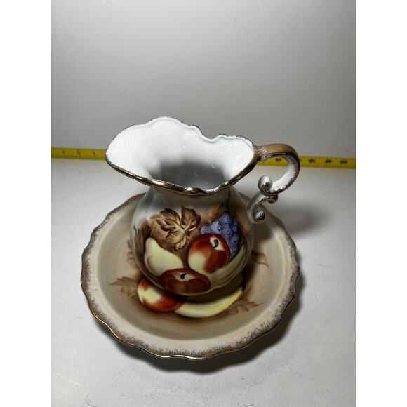 Vintage Porcelain Pitcher and Bowl Wash Basin Set Hand painted Fruit Kitchen - Picture 2 of 16